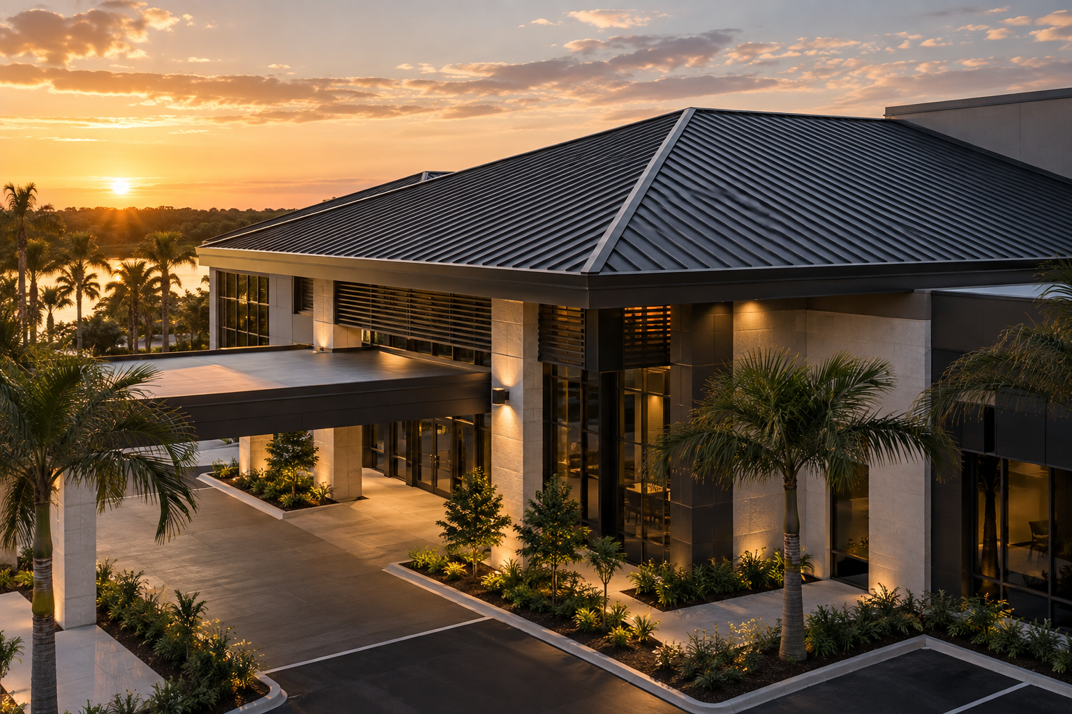 Commercial building with a dark metal specialty roof.